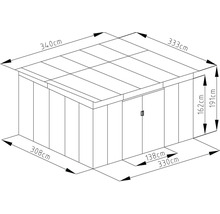 Rozmerový výkres záhradného domčeka s plochou strechou a dvojkrídlovými dverami. Šírka 340 centimetrov, hĺbka 333 centimetrov, výška 191 centimetrov.