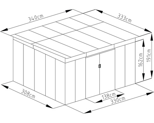 Rozmerový výkres záhradného domčeka s plochou strechou a dvojkrídlovými dverami. Šírka 340 centimetrov, hĺbka 333 centimetrov, výška 191 centimetrov.
