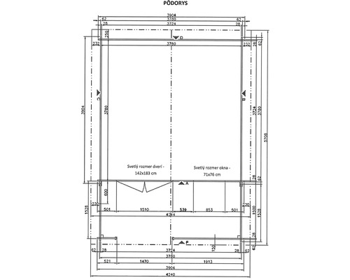 Pôdorys s rozmermi záhradného domčeka alebo podobnej stavby