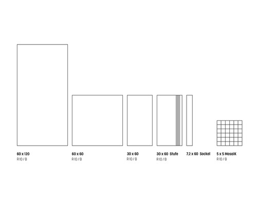 Rôzne veľkosti dlaždíc: 60 x 120, 60 x 60, 30 x 60, 30 x 60 stupeň, 7,2 x 60 sokel, 5 x 5 mozaika