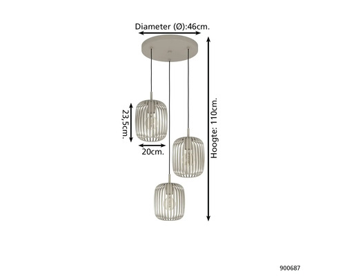 Závesné svietidlo s tromi žiarovkami, priemer 46 cm, výška 110 cm