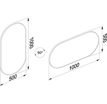 Technický nákres kúpeľňového zrkadla s rozmermi 1000 x 500 mm.