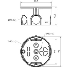 Technický nákres inštalačnej krabice s rozmermi