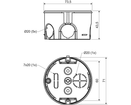 Technický nákres inštalačnej krabice s rozmermi