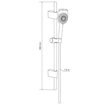 Nákres sprchovej súpravy s dĺžkou 660 mm a sprchovou hlavicou s priemerom 100 mm a hadicou s dĺžkou 1,5 m.
