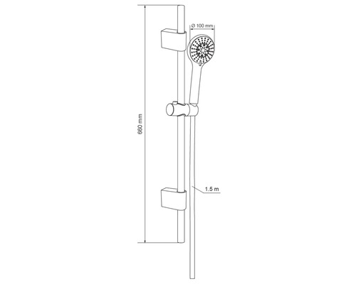 Nákres sprchovej súpravy s dĺžkou 660 mm a sprchovou hlavicou s priemerom 100 mm a hadicou s dĺžkou 1,5 m.