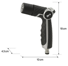 Záhradná striekacia pištoľ s rozmermi: výška 18 cm, dĺžka 10 cm a šírka 4,3 cm