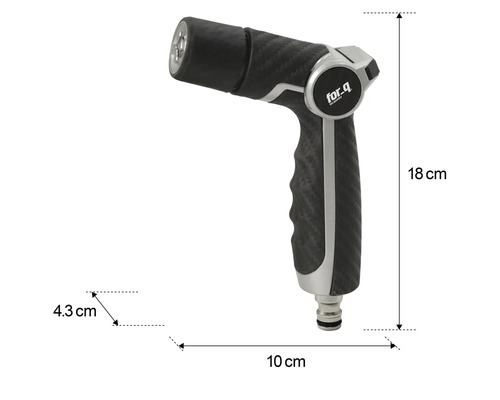 Záhradná striekacia pištoľ s rozmermi: výška 18 cm, dĺžka 10 cm a šírka 4,3 cm