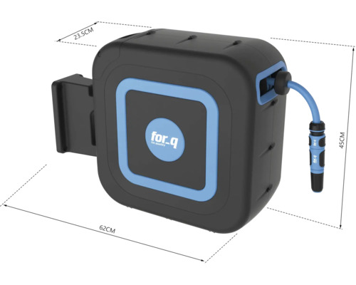 Navijak na záhradnú hadicu s hadicovou prípojkou s rozmermi 62 x 23,5 x 45 cm.