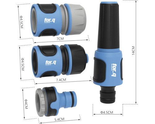 Súprava prípojok záhradnej hadice s hadicovou spojkou, stopkou vody a striekacou dýzou od spoločnosti for-q