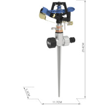 Záhradný zavlažovač so zemným hrotom a rozmermi