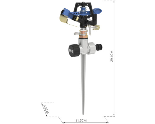 Záhradný zavlažovač so zemným hrotom a rozmermi