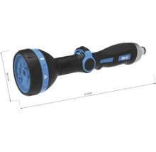 Záhradná striekacia pištoľ s priemerom 6,7 centimetrov a dĺžkou 25,4 centimetrov.