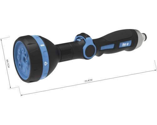 Záhradná striekacia pištoľ s priemerom 6,7 centimetrov a dĺžkou 25,4 centimetrov.