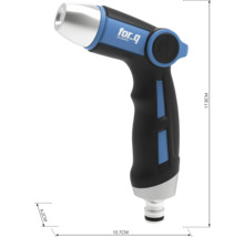 Záhradná striekacia pištoľ z plastu s logom for_q a rozmermi