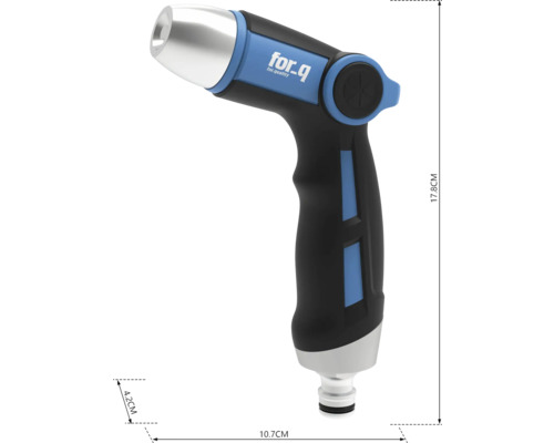 Záhradná striekacia pištoľ z plastu s logom for_q a rozmermi