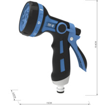 Záhradná striekacia pištoľ s rôznymi typmi prúdu a rozmermi 19,4 cm výška, 15 cm dĺžka a 6,6 cm šírka.