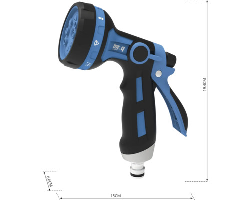 Záhradná striekacia pištoľ s rôznymi typmi prúdu a rozmermi 19,4 cm výška, 15 cm dĺžka a 6,6 cm šírka.