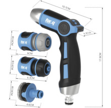 Záhradná striekacia pištoľ s rôznymi pripojovacími kusmi a rozmermi