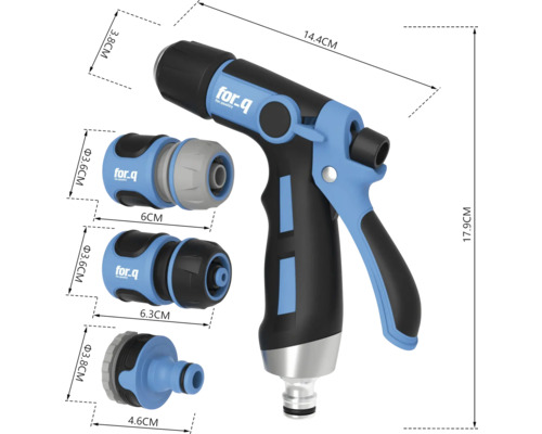 Logo For Q Záhradná striekacia pištoľ s konektormi a rozmermi