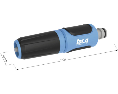 Záhradná striekacia pištoľ for_q, dĺžka 13 centimetrov, priemer trysky 3,5 centimetra