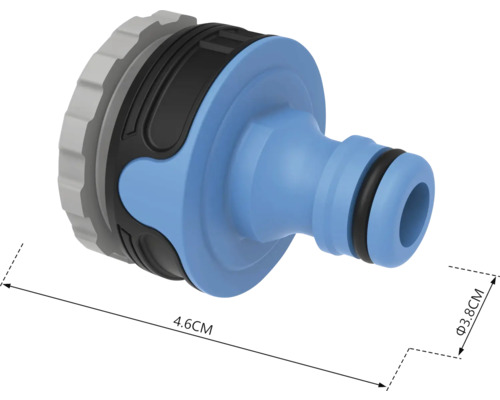 Spojka záhradnej hadice s rozmermi 4,6 cm dĺžky a 3,8 cm priemeru