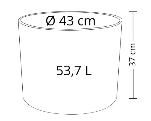 Nákres kvetináča s priemerom 43 centimetrov a výškou 37 centimetrov, objem 53,7 litra