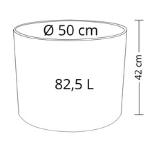 Technický nákres kvetináča s rozmermi priemer 50 cm, výška 42 cm a objem 82,5 litra