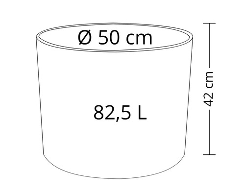 Technický nákres kvetináča s rozmermi priemer 50 cm, výška 42 cm a objem 82,5 litra