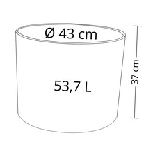 Technický nákres kvetináča s rozmermi 43 centimetrov v priemere a 37 centimetrov na výšku a objemom 53,7 litra