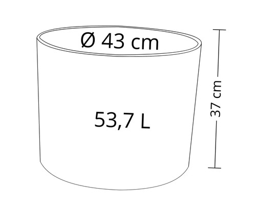 Technický nákres kvetináča s rozmermi 43 centimetrov v priemere a 37 centimetrov na výšku a objemom 53,7 litra