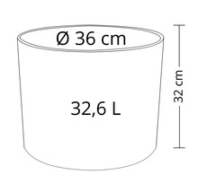 Nákres kvetináča s rozmermi 36 centimetrov v priemere, 32 centimetrov na výšku a objemom 32,6 litra