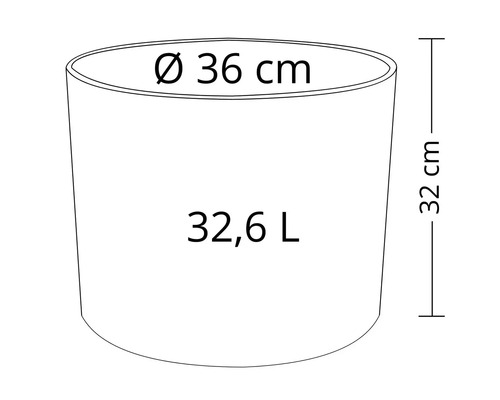 Nákres kvetináča s rozmermi 36 centimetrov v priemere, 32 centimetrov na výšku a objemom 32,6 litra