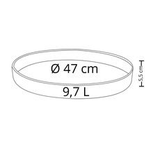 Okrúhla kvetinová misa s priemerom 47 cm a objemom 9,7 litra.