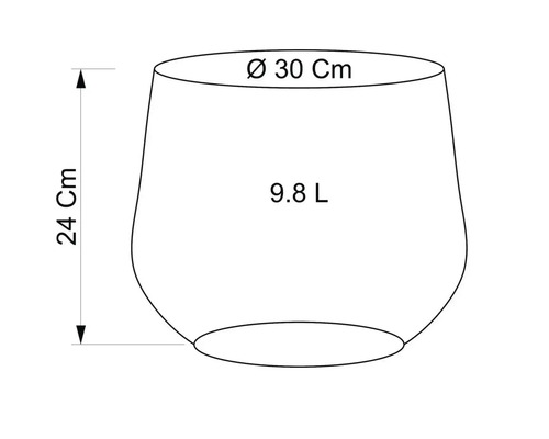 Nákres kvetináča s rozmermi 30 centimetrov v priemere, 24 centimetrov na výšku a objemom 9,8 litra