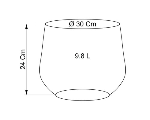 Nákres kvetináča s rozmermi 30 cm v priemere, 24 cm na výšku a objeme 9,8 litra