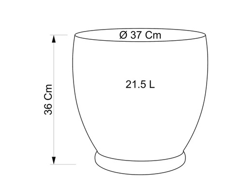 Nákres kvetináča s rozmermi priemer 37 centimetrov, výška 36 centimetrov a objem 21,5 litra.