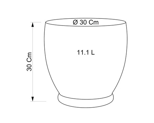 Technický nákres kvetináča s rozmermi 30 cm priemer a 30 cm výška, objem 11,1 litra