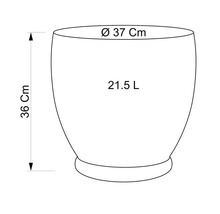 Nákres kvetináča s rozmermi 36 cm výška, 37 cm priemer a objem 21,5 litra.
