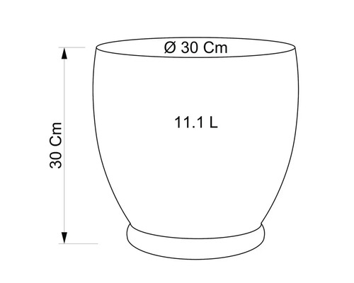 Nákres kvetináča s rozmermi 30 cm výška, 30 cm priemer a 11,1 litra objem