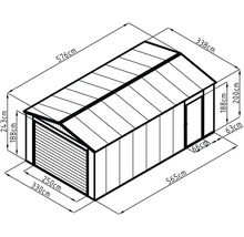 Technický výkres garáže so sedlovou strechou, sekcionálnou bránou a bočnými dverami. Vonkajšie rozmery: 576 na 338 centimetrov.