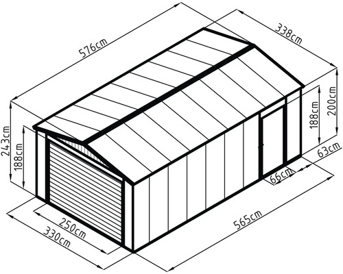 Technický výkres garáže so sedlovou strechou, sekcionálnou bránou a bočnými dverami. Vonkajšie rozmery: 576 na 338 centimetrov.