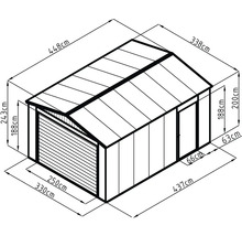Technický nákres záhradného domčeka s rozmermi: šírka 330 centimetrov, hĺbka 437 centimetrov, celková výška 243 centimetrov.