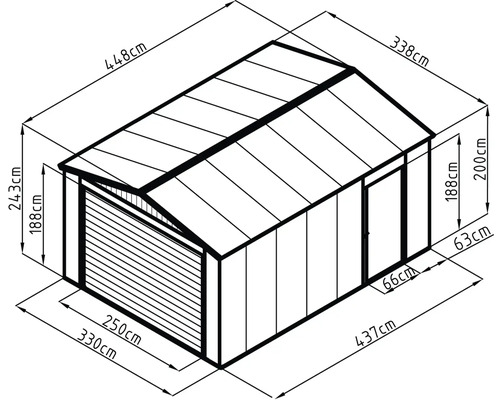 Technický nákres záhradného domčeka s rozmermi: šírka 330 centimetrov, hĺbka 437 centimetrov, celková výška 243 centimetrov.