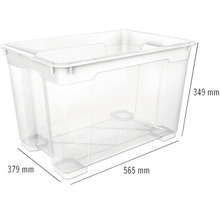 Priehľadný plastový úložný box s rozmermi 565 x 379 x 349 milimetrov