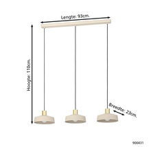 Závesná lampa s tromi tienidlami s rozmermi dĺžka 93 cm, výška 110 cm, šírka 23 cm