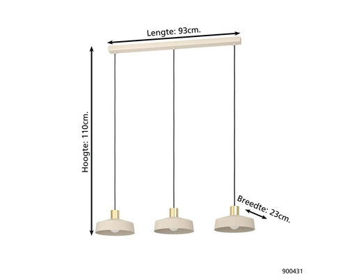 Závesná lampa s tromi tienidlami s rozmermi dĺžka 93 cm, výška 110 cm, šírka 23 cm