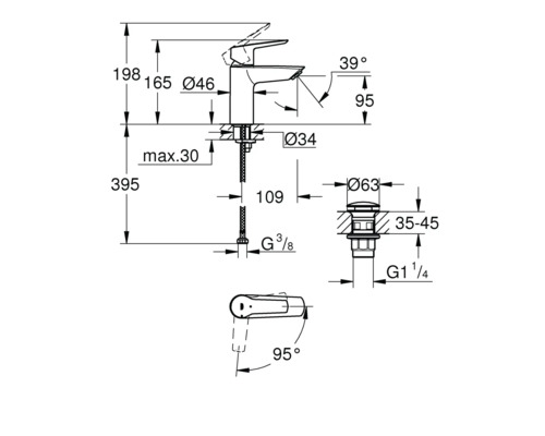 Technický nákres vodovodnej batérie s rozmermi