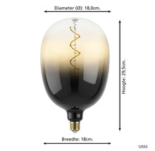 Dekoratívna LED žiarovka s priemerom 18 centimetrov a výškou 29,5 centimetrov.