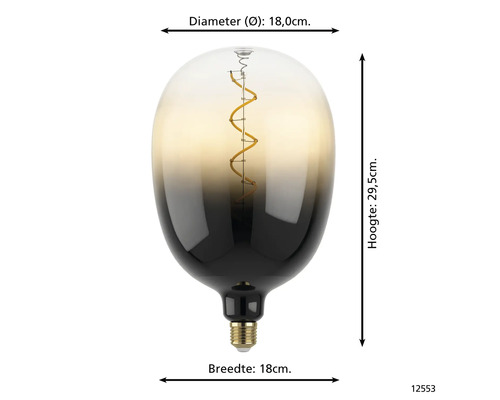 Dekoratívna LED žiarovka s priemerom 18 centimetrov a výškou 29,5 centimetrov.